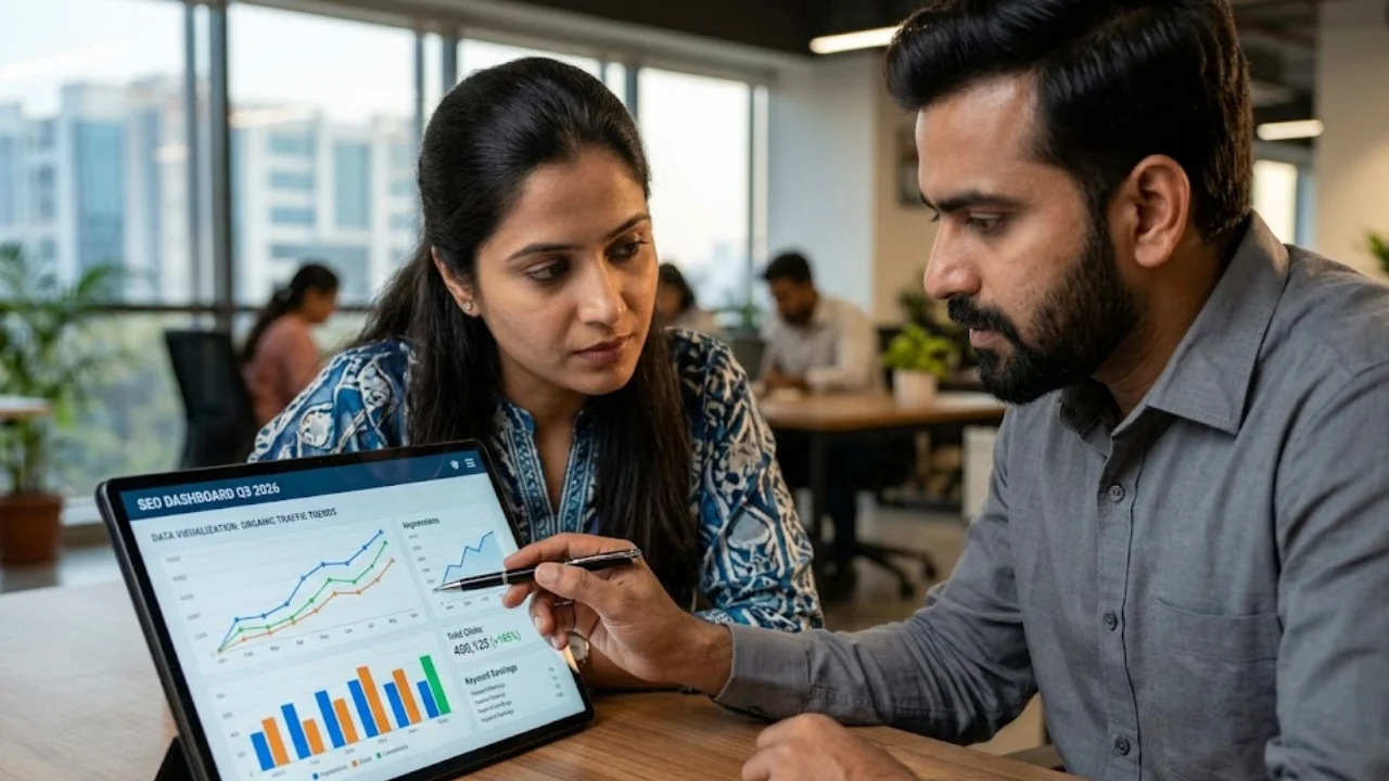 Two digital marketing experts from ProvisionAD Media analyzing complex SEO data and performance marketing strategies on a tablet.